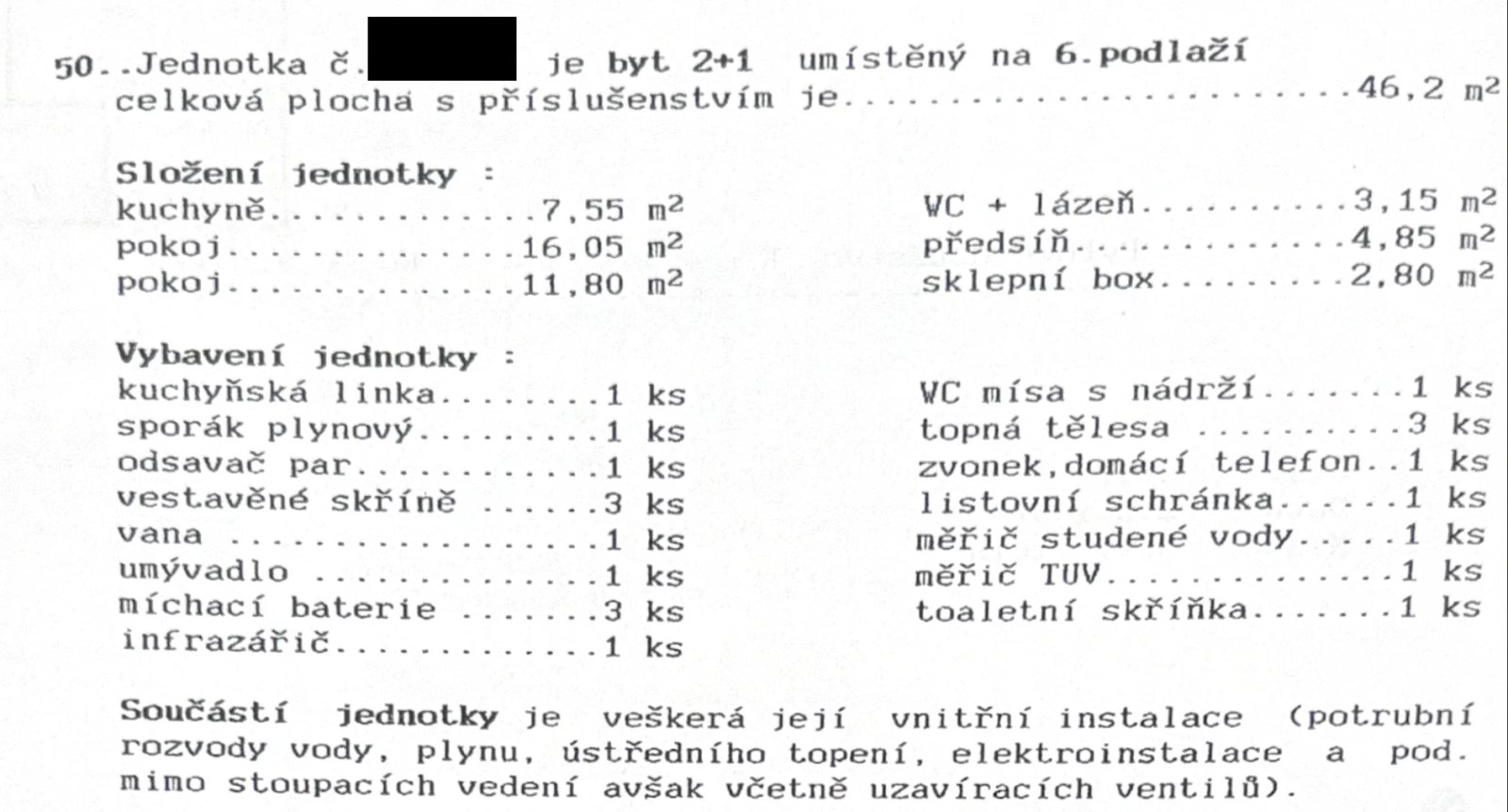 Výměry místností dle prohlášení vlastníka